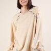 Plus Size Lace Trim Detail Mineral Washed Knit Top - Natural