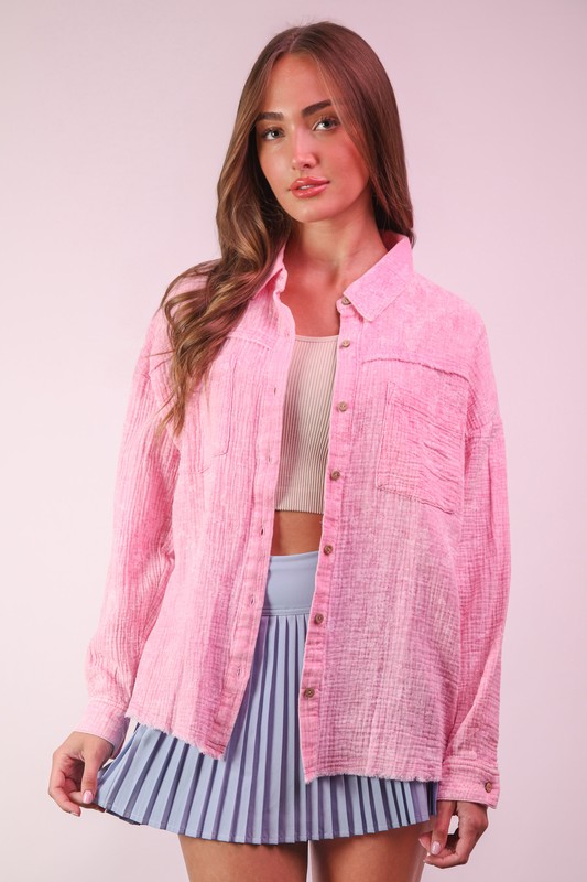 Plus Size Mineral Washed Gauze Shirt Top - Pink
