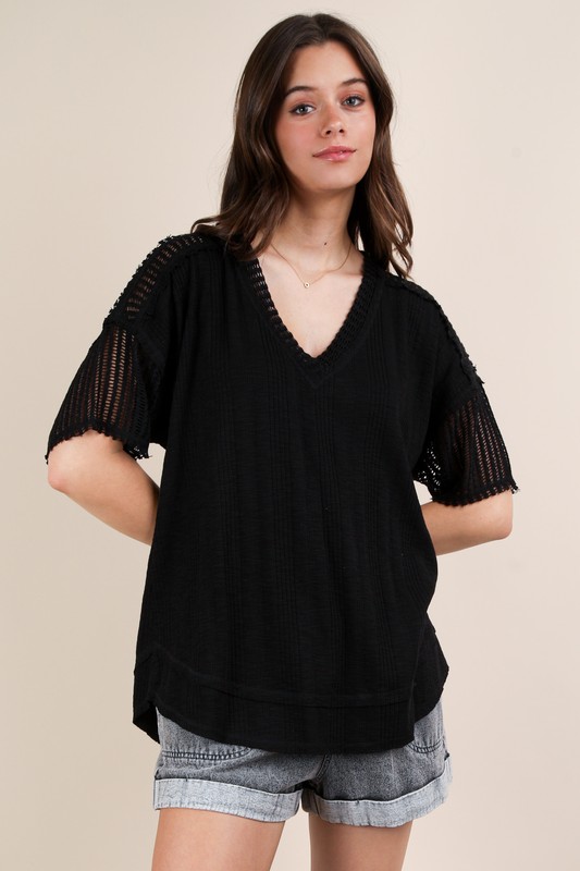 Plus Size Oversized Contrast Knit Comfy Casual Top - Black