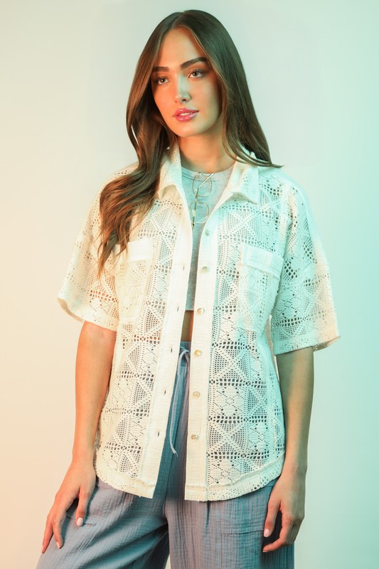 Plus Size Oversized Crochet Button Down Shirt Top - White