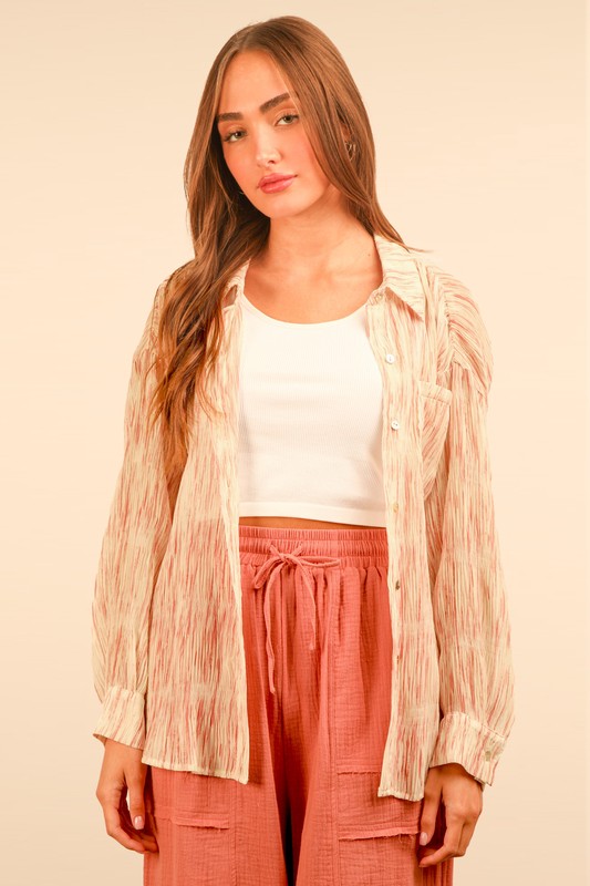 Plus Size Oversized Printed Button Up Shirt - Blush