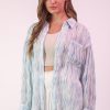 Plus Size Oversized Printed Button Up Shirt - Sky