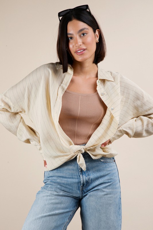 Plus Size Oversized Striped Button Down Shirt Top - Beige