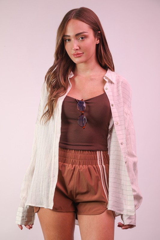 Plus Size Oversized Striped Button Down Shirt Top - White
