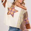 Plus Size Round Neck Plaid Star Patch T-Shirt - Mocha