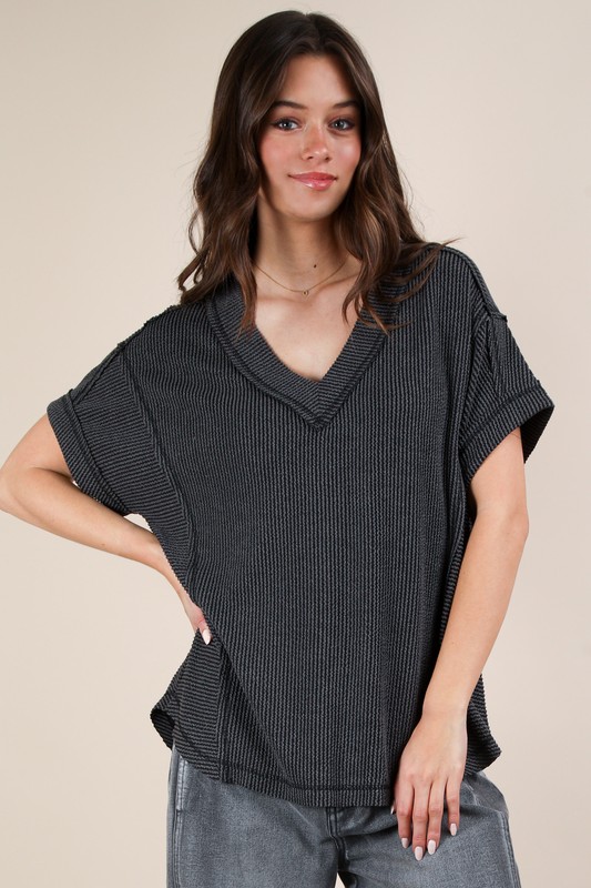 Plus Size Soft Two Tone Casual Comfy Ribbed Knit Top - Charcoal