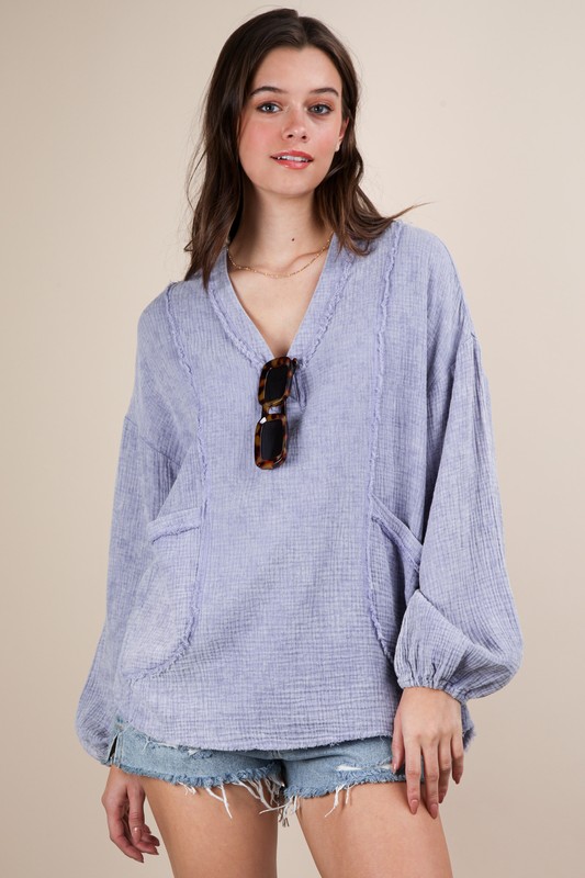Plus Size Washed Cotton Gauze Oversized Top - Blue