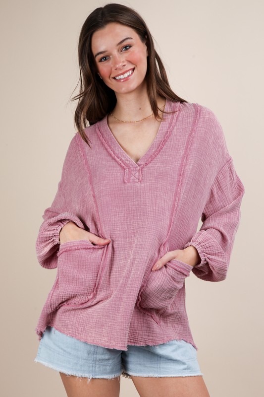 Plus Size Washed Cotton Gauze Oversized Top - Mauve