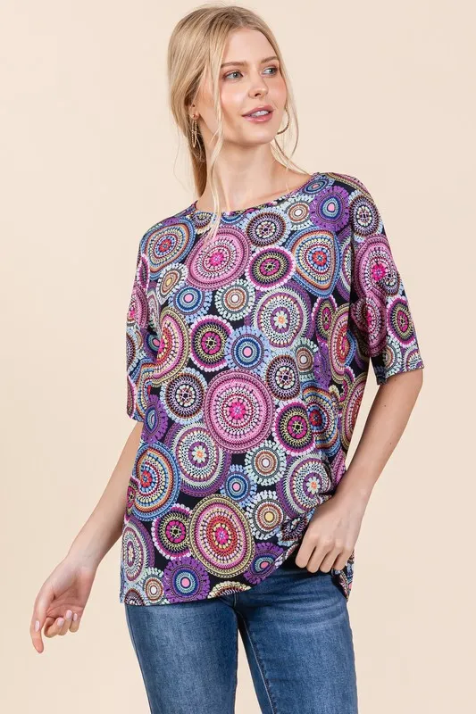 Printed Round Neck Half Sleeve Top - Mauve