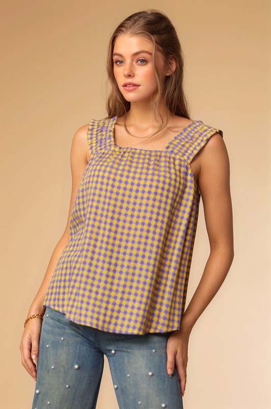 Printed Square Neck Shirred Straps Top - Lime Lavender
