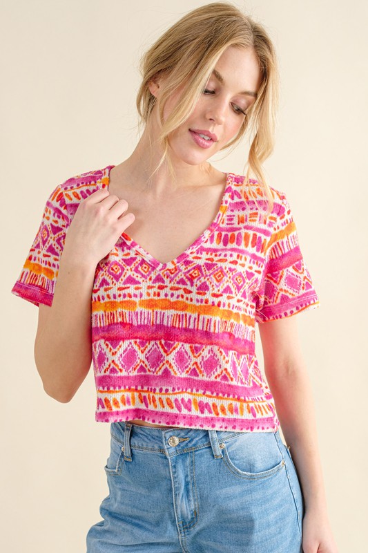 Printed V Neck Cropped T-Shirt - Coral