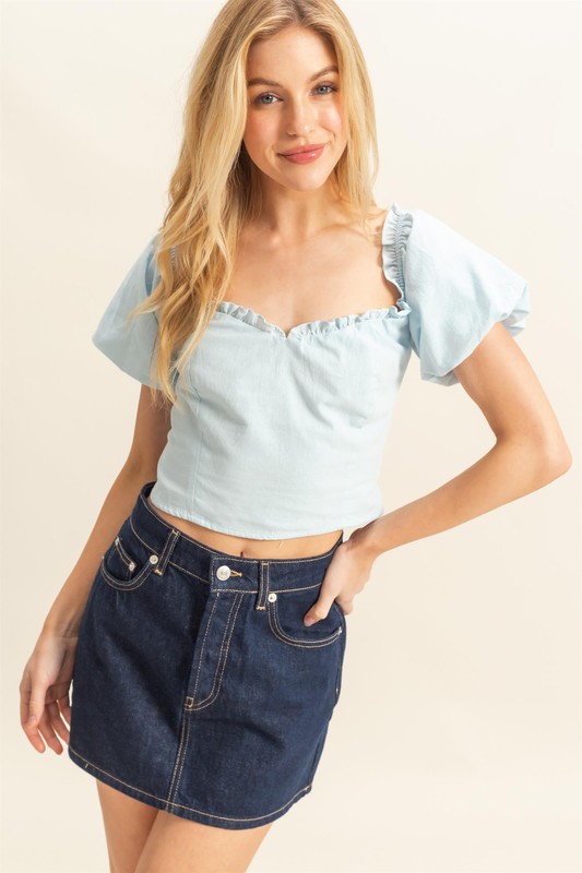 Puff Sleeve Sweetheart Neck Top - L.Blue