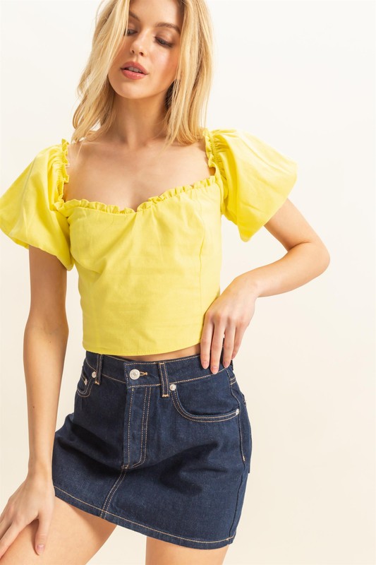 Puff Sleeve Sweetheart Neck Top - Yellow