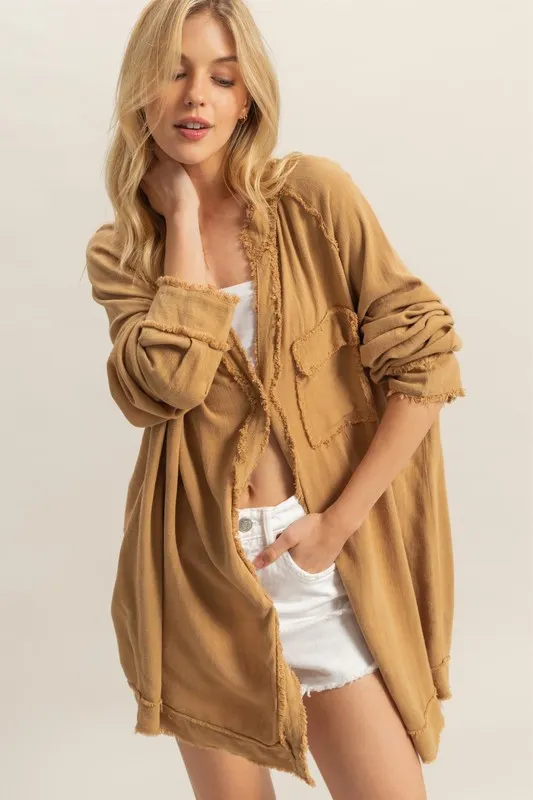 Raw Edge Button Down Raglan Sleeve Shirt - Mustard