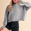 Ribbed Hem Exposed Seam Round Neck Sweater - Heather Gray