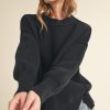 Ribbed Hem Side Slit Round Neck Sweater - Black