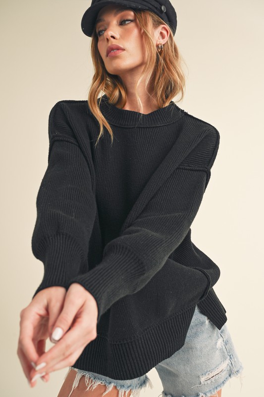 Ribbed Hem Side Slit Round Neck Sweater - Black