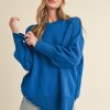 Ribbed Hem Side Slit Round Neck Sweater - Cobalt