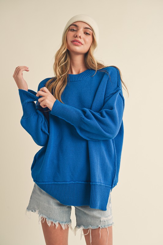 Ribbed Hem Side Slit Round Neck Sweater - Cobalt