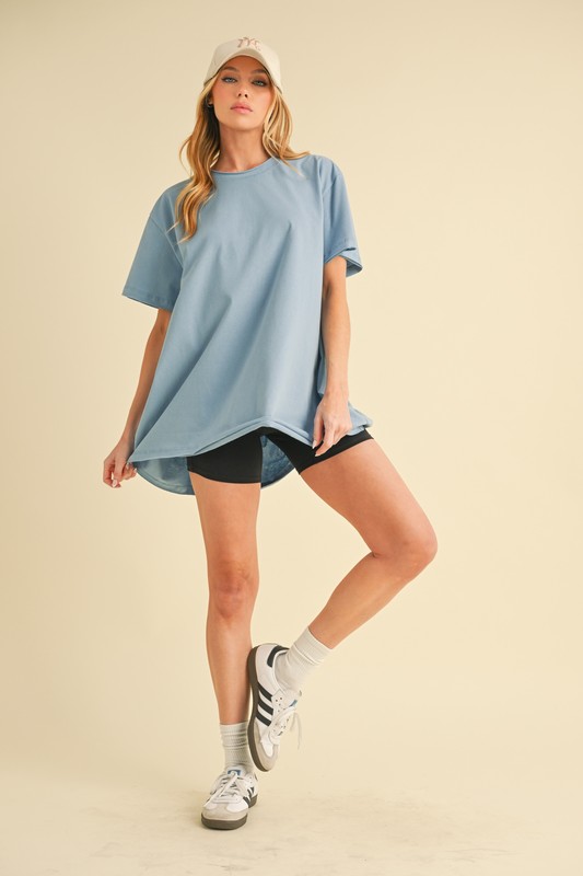 Round Neck Short Sleeve Oversized T-Shirt - Blue