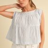 Ruched Striped Round Neck Sleeveless Top - Sky