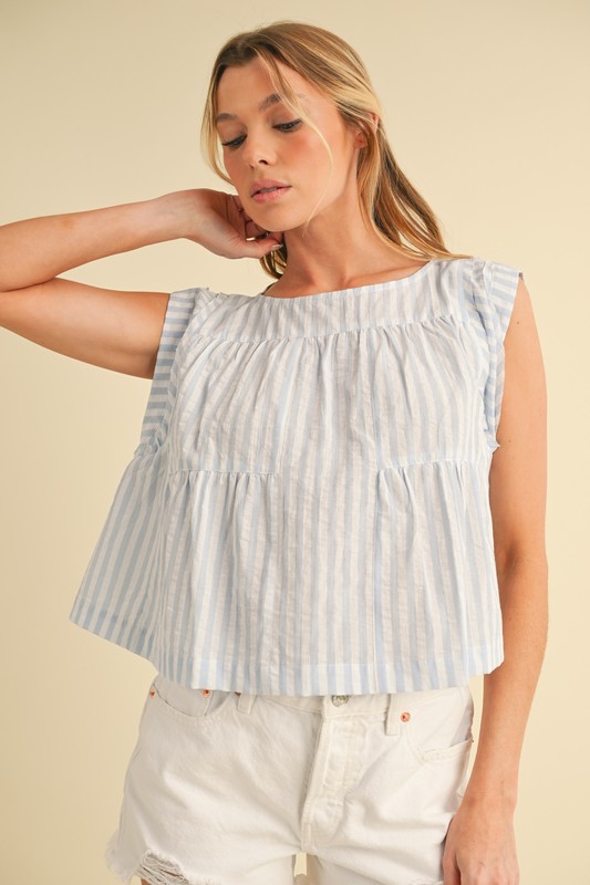 Ruched Striped Round Neck Sleeveless Top - Sky