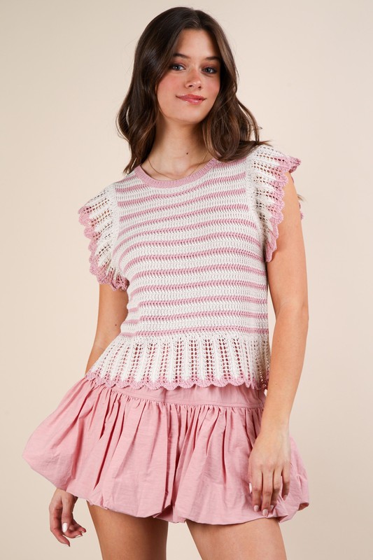 Ruffle Detail Striped Knit Sweater Top - Blush