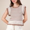 Ruffle Detail Striped Knit Sweater Top - Mocha
