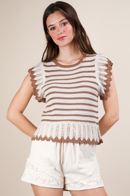 Ruffle Detail Striped Knit Sweater Top - Mocha
