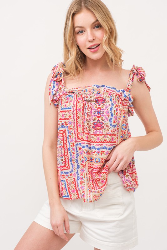 Ruffled Neck Tied Strap Boho Printed Swing Top - Red Multi