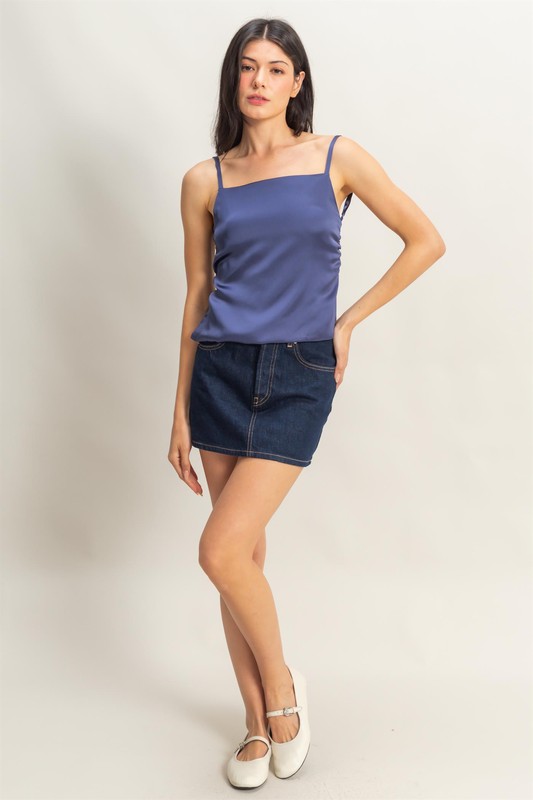 Satin Back Tie Detail Cami - Dusty Indigo