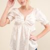 Satin Leopard V Wired Puff Sleeves Blouse - Ivory