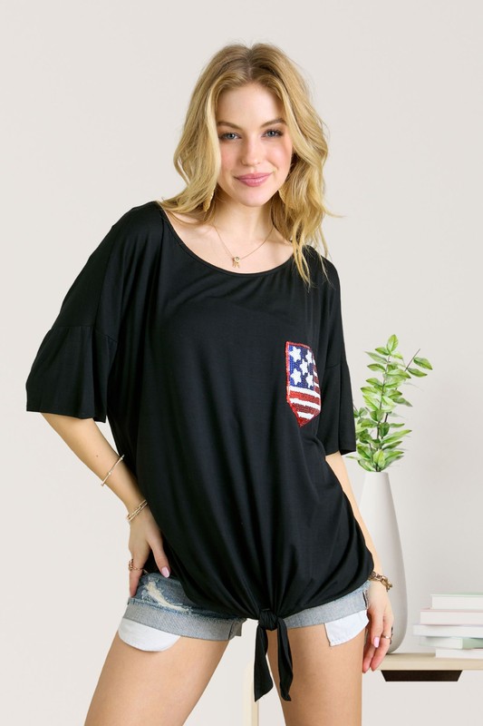 Sequin US Flag Pocketed Top - Black