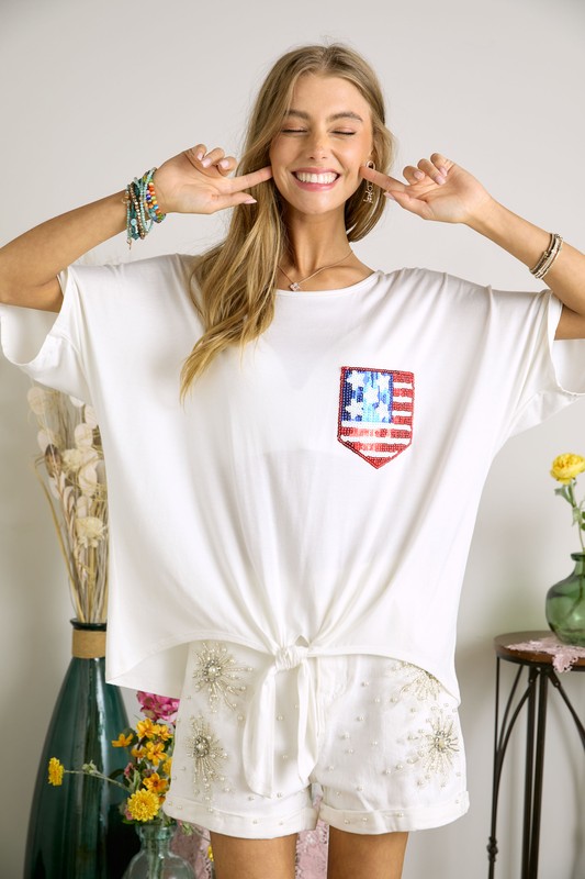 Sequin US Flag Pocketed Top - Off White