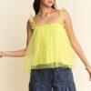 Shirred Ruffle Strap Tulle Babydoll Top - Lemon