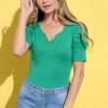 Shirring Puff Sleeve Bodysuit - Green