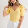 Shirring Puff Sleeve Bodysuit - Pale Yellow