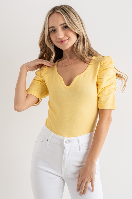 Shirring Puff Sleeve Bodysuit - Pale Yellow