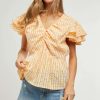 Shirring V-Neck Ruffle Gingham Plaid Printed Top - Tangerine