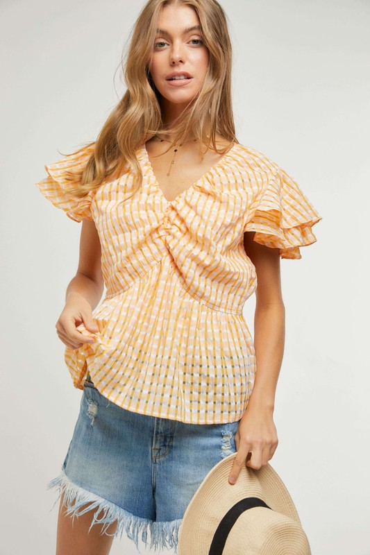 Shirring V-Neck Ruffle Gingham Plaid Printed Top - Tangerine