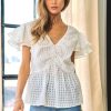Shirring V-Neck Ruffle Gingham Plaid Printed Top - White