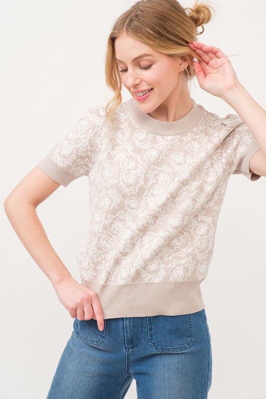 Short Sleeve Rose Pattern Knit Top - Taupe