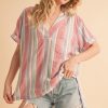 Side Slit Striped Short Sleeve Blouse - Red Aqua