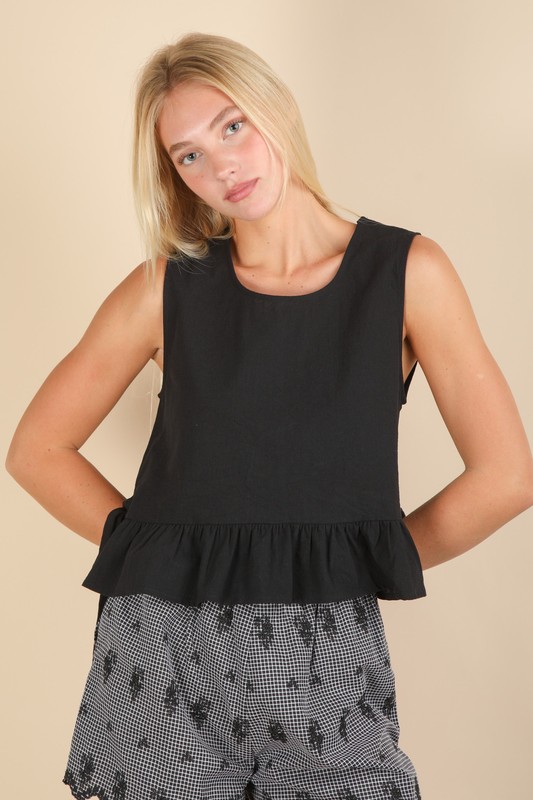 Side Tie Detail Ruffled Sleeveless Top - Black