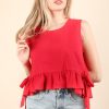 Side Tie Detail Ruffled Sleeveless Top - Tomato