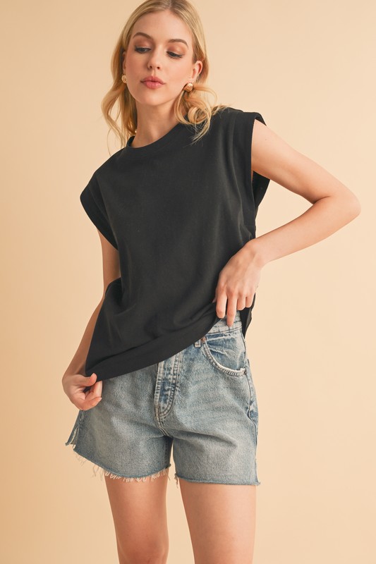 Solid Color Round Neck Sleeveless Top - Black