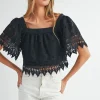 Square Neck Crochet Lace Top With Double Bow Tie - Black
