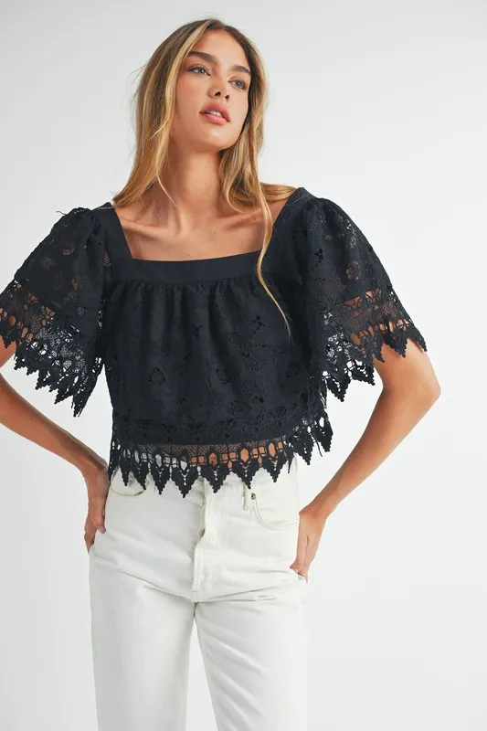 Square Neck Crochet Lace Top With Double Bow Tie - Black