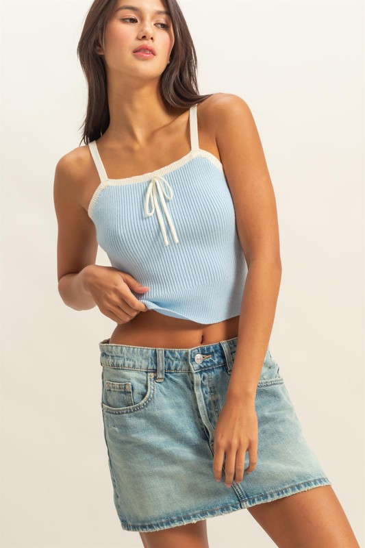 Square Neck Ribbed Knit Cami - Blue/Cream