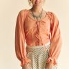 Strap Front Corset Look Long Puff Sleeve Blouse - Peach